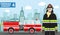 Fireman concept. Detailed illustration of woman firefighter and fire truck in flat style on background with cityscape. Vector