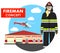 Fireman concept. Detailed illustration of woman firefighter in uniform on background with fire station building and