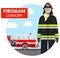 Fireman concept. Detailed illustration of woman firefighter in uniform on background with fire truck in flat style