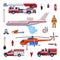 Fireman Equipment Collection, Firefighting Tools and Emergency Service Rescue Vehicles Flat Style Vector Illustration on