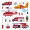 Fireman Equipment Collection, Red Emergency Service Vehicles, Firefighting Tools Flat Style Vector Illustration on White