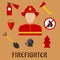 Fireman with fire fighting tools, flat icons