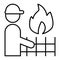 Fireman and fire thin line icon. Firefighter with flame and fence vector illustration isolated on white. Fireman in