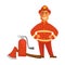 Fireman or firefighter uniform with fire extinguishing equipment extinguisher and ax vector flat icon