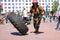 A fireman in a fireproof suit runs and turns a large rubber wheel in a fire fighting competition, Belarus, Minsk, 08.08.2018