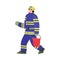 Fireman holding bucket fighting fire, flat cartoon vector illustration isolated