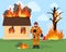 Fireman near burning house vector illustration. Rescuer firefighter with safety uniform, emergency equipment.