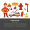 Fireman profession and fire secure protection poster of fire extinguishing equipment tools.