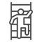 Fireman scaling ladder line icon. Man on the stairs fire escape outline style pictogram on white background. Pompier