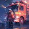 A fireman standing in front of a fire truck. Generative AI image.