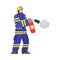 Fireman using fire extinguisher, flat cartoon vector illustration isolated
