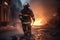Fireman wearing professional uniform extinguish burning house,