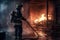 Fireman wearing professional uniform extinguish burning house,