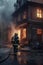 Fireman wearing professional uniform extinguish burning house