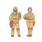 Fireman woman and man in professional protective suit. Vector illustration in line art style on white background.