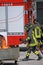 Firemen extinguish a simulated fire during an exercise in their