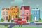 Firemen fight with massive fire at city living house flat cartoon vector illustration panorama