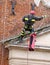 Firemen during rescue operations with a wooden ladder