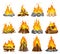 Fireplace campfire different types. Burning wood collection, travel and adventure symbol. Vector bonfire or woodfire in