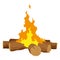 Fireplace campfire type. Burning wood, travel and adventure symbol. Vector bonfire or woodfire in cartoon flat style