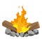 Fireplace campfire type. Burning wood, travel and adventure symbol. Vector bonfire or woodfire in cartoon flat style