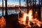 Fireplace in camping near lake at dark night