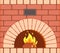 Fireplace with Fire Burning Inside Brick Arch