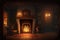 fireplace with flame flickering, warm and cozy interior in a country house at night