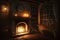 fireplace with flame flickering, warm and cozy interior in a country house at night