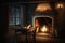 fireplace with flame flickering, warm and cozy interior in a country house at night