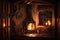 fireplace with flame flickering, warm and cozy interior in a country house at night