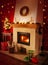Fireplace with gifts, christmas tree - home interior decoration