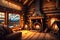 a fireplace with logs and logs around it in a cabin setting with a fire place by AI Generated