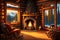 a fireplace with logs and logs around it in a cabin setting with a fire place by AI Generated