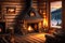 a fireplace with logs and logs around it in a cabin setting with a fire place by AI Generated