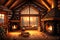 a fireplace with logs and logs around it in a cabin setting with a fire place by AI Generated