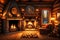 a fireplace with logs and logs around it in a cabin setting with a fire place by AI Generated