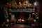 a fireplace mantel decorated with garlands and stockings