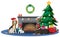 Fireplace with many dogs and Christmas decorations