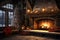 fireplace with a roaring fire and snow falling outside