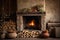 fireplace with roaring fire and stack of firewood nearby
