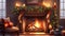 fireplace surrounded by a wooden mantel and a Christmas-themed decoration