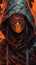 Fires of Mystery: Portrait of a Hooded Girl with Fiery Gaze and Mask