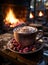 Fireside Coziness. Hot Chocolate in a warm autumn setting. AI generated digital art.
