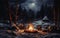 Fireside Glow Campfire Magic in the Heart of Snowy Silence. Generative AI