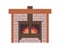 Fireside, home fire place, warm cosy furnace. Fireplace with glowing flames, doors, brick wall. House hearth. Hot indoor