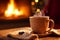 Fireside relaxation, Hot drink in a mitten-decorated mug by the warm fireplace