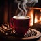 Fireside Serenity. Steaming cup of coffee. Aroma AI-Generated