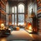 Fireside Tranquility: Cozy Library Overlooking Snowy Forest