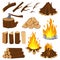 Firewood boards. Fireplace fire wood, burning wooden stack and blazing bonfire. Campfire logging pile cartoon vector illustration